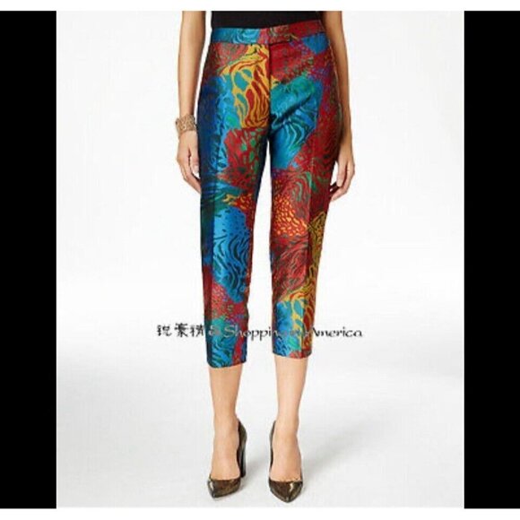 Anne Klein Colorful Abstract Jacquard Pants Slim Leg Manzanita Wineberry Size 8 - Picture 2 of 13